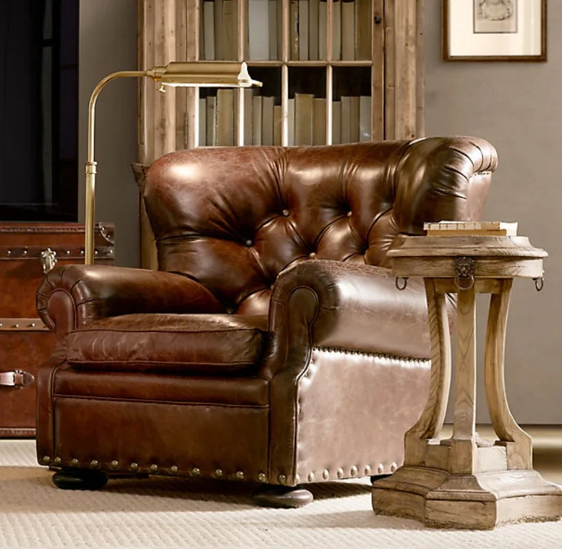 Simple living room household three-person sofa American country retro oil wax cowhide single sofa