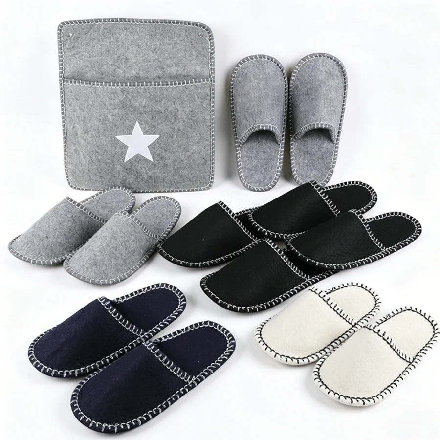 1Set Felt Travel Slippers, Including Storage Bag, Multisize Portable Guest Slippers, Soft Non Slip Indoor Slippers for Hotel XJM