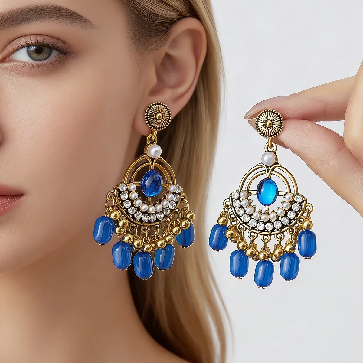 Vintage Pearl Bead Crystal Round Earring Women Jhumka Jewelry Ethnic Hollow Geometric Blue Beads Tassel Earrings Oorbellen