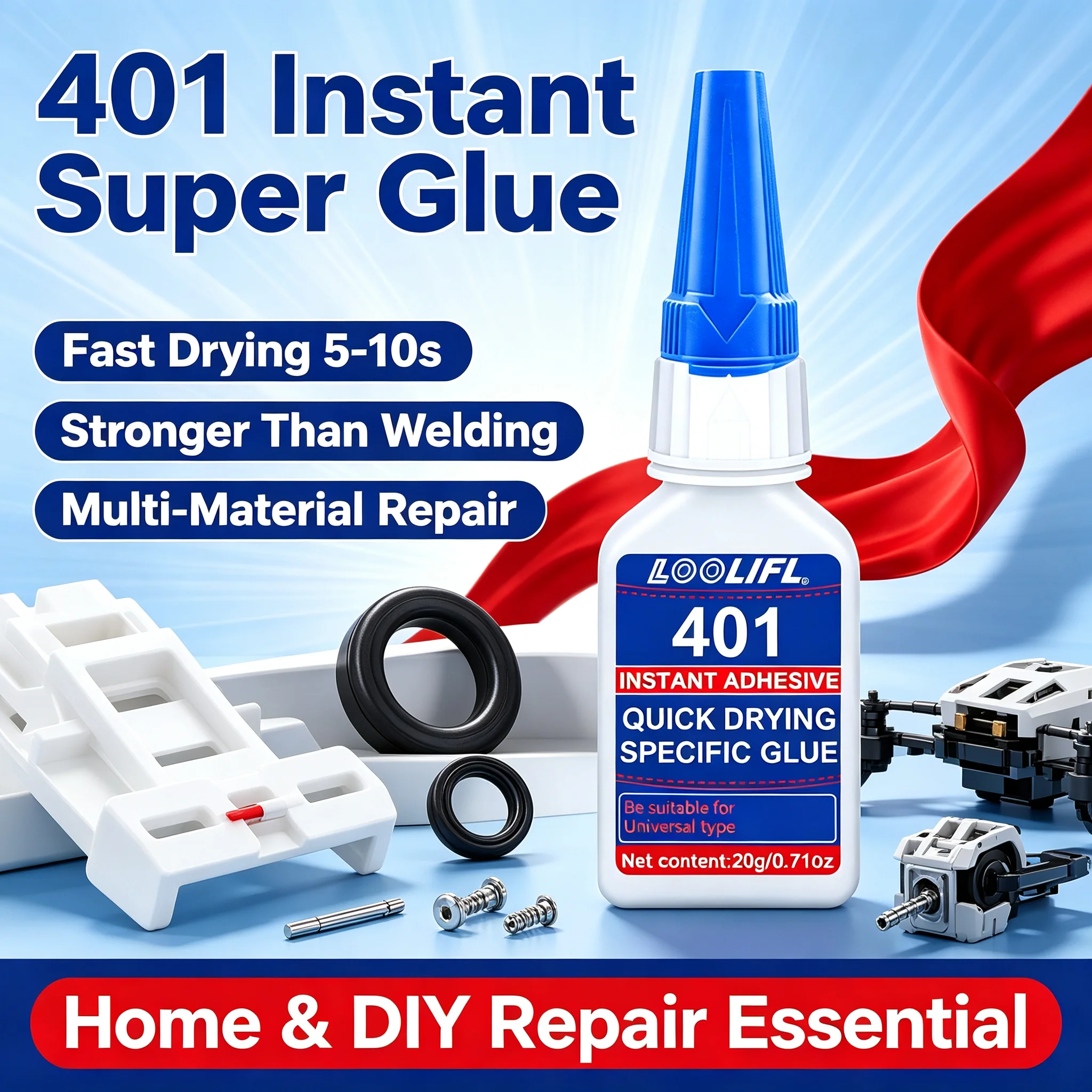 LOOLIFL 401 Instant Super Glue 20g Cyanoacrylate Adhesive Fast Drying Strong Bond for Plastic Rubber Metal Ceramic Model DIY Rep