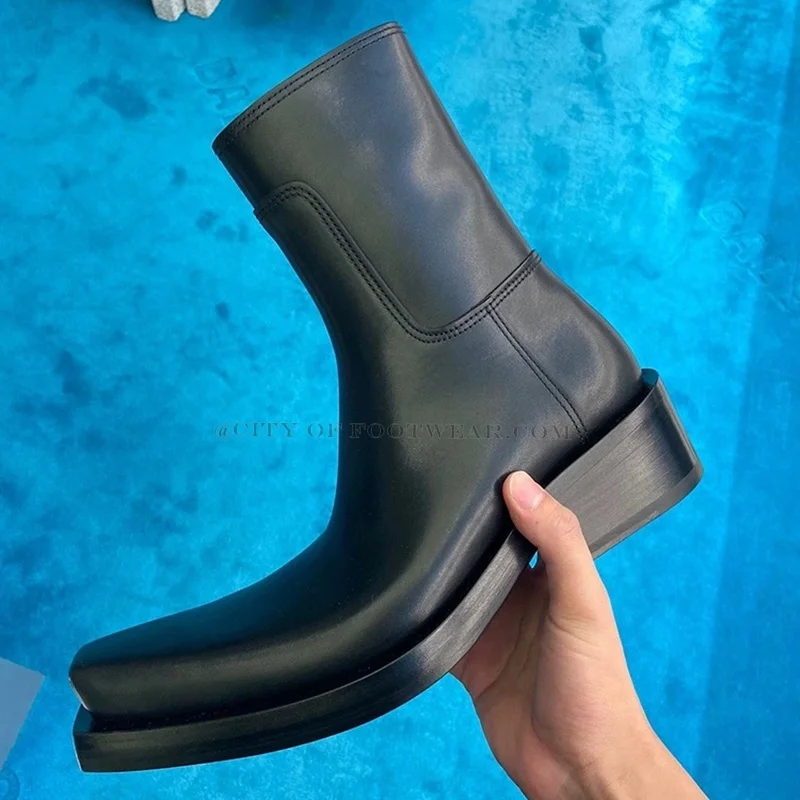 Men and Women Square Toe Low Heel Ankle Boots Black Leather Slip on Chelsea Boot Big Size 2023 Winter New Luxury Designer Shoes