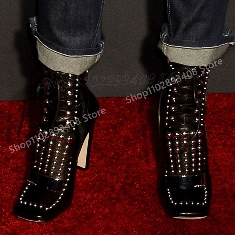 

Runway Style Metal Round Rivets Decor Ankle Boots Front Lace-up Sexy Chunky High Heel Women Shoes 2025 New Zapatos Para Mujere