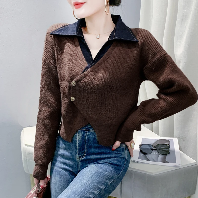 2024 Autumn/Winter New Loose Fake Two Piece Knitted Shirt Women's Polo Cowboy Splicing Outerwear Short Cardigan