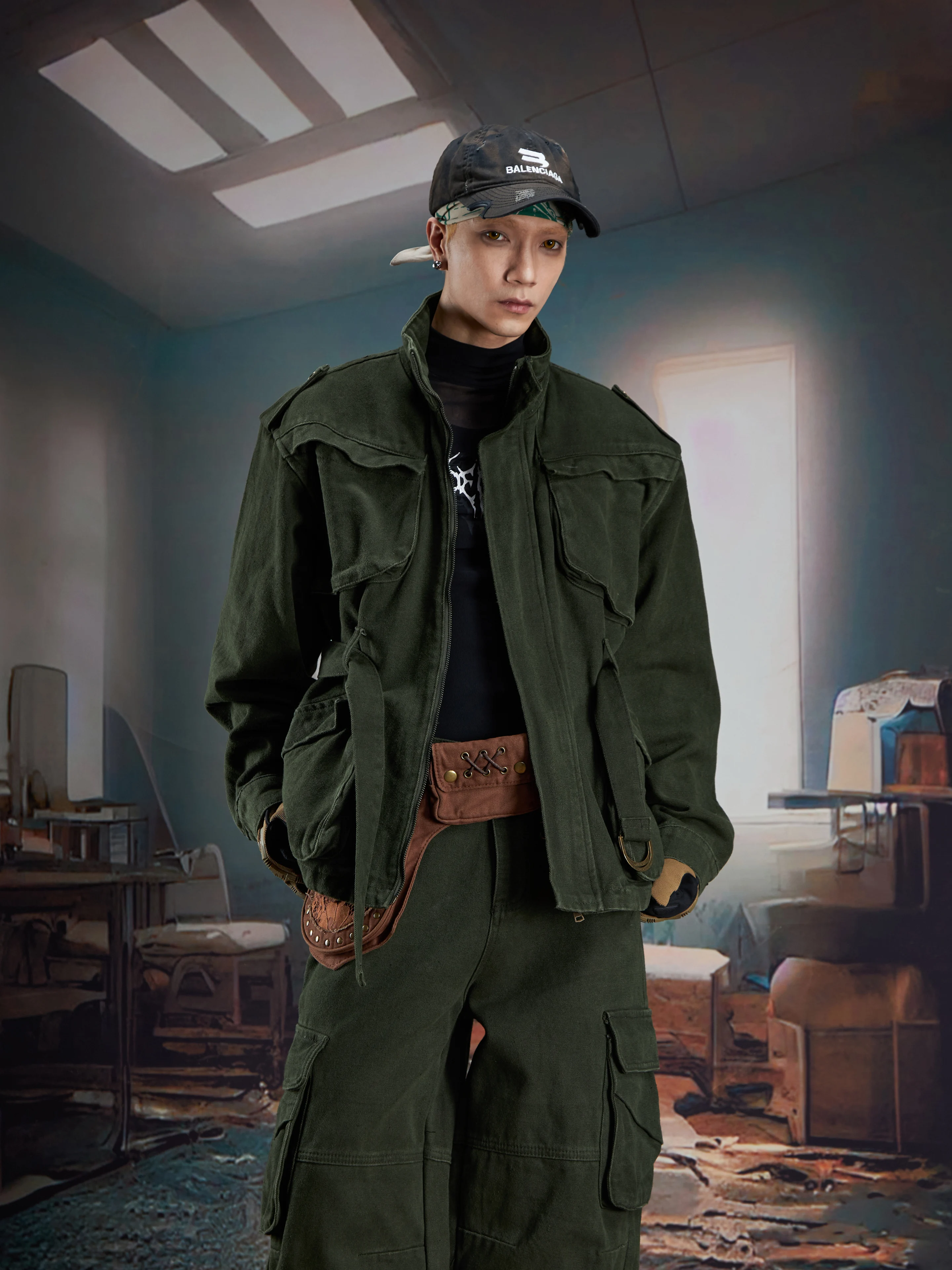 Multi-Pocket Workwear Stand Collar Zipper Coat Jacket Zhufan Denim Suit Overalls