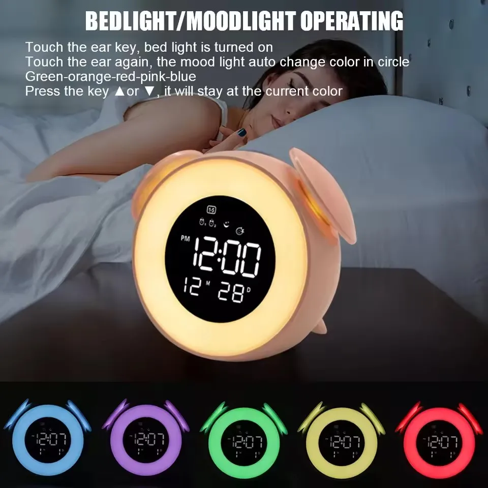 

2025 Music Desk Clock LED Alarm Clock Ambient Light LED Wake-up Light Clock with Sunset Mode Children's Cartoon Bedside Lamp