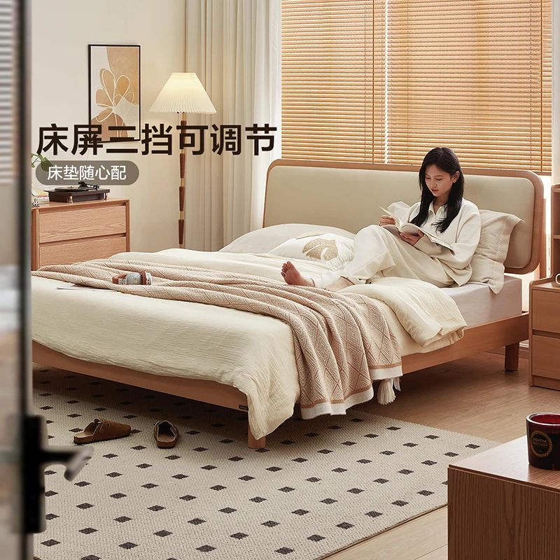Board bed Nordic log wind solid wood veneer soft bag bed screen adjustable raised bedside table bed