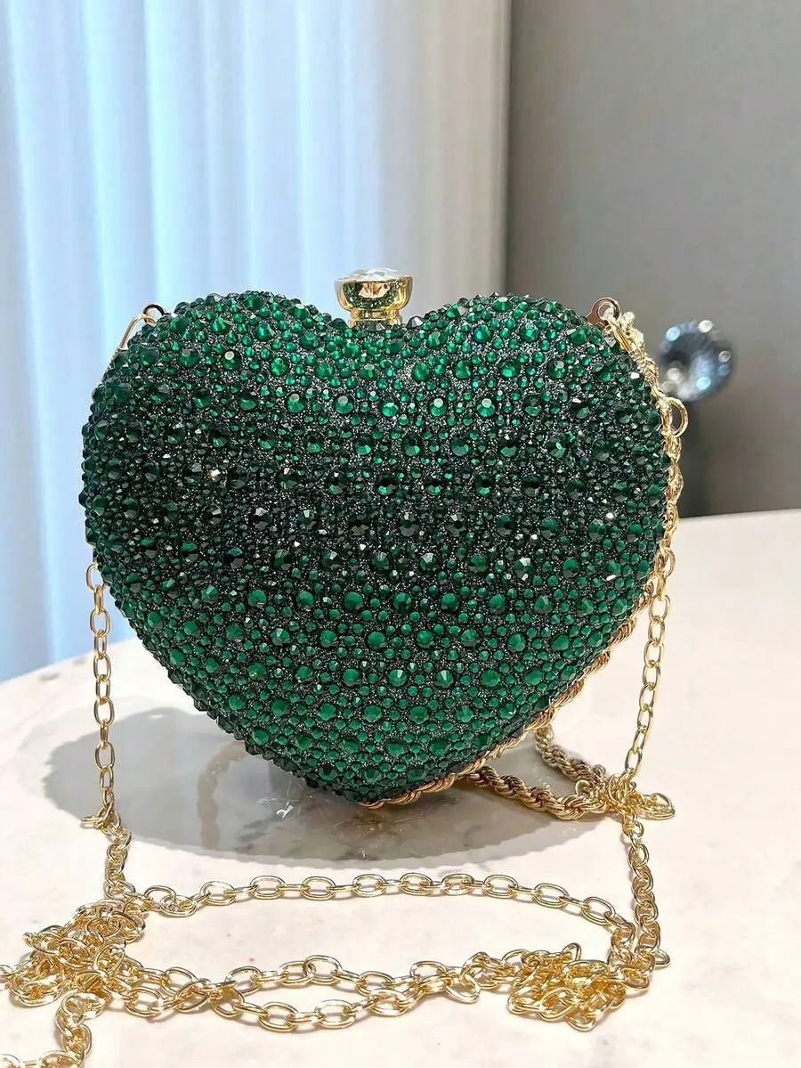 

Green Rhinestone Heart Clutch Bag With Detachable Chain Strap For Party Wedding Prom