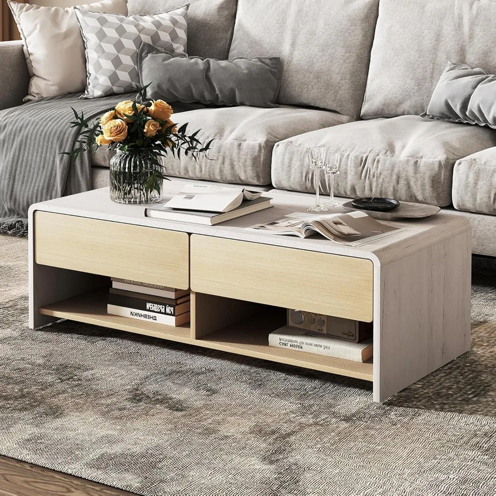 

Modern Coffee Table 43”, Wood Coffee Tables with 2 Storage Shelves, 2 Hidden Drawers, Rectangular, Modern Accent Display Center