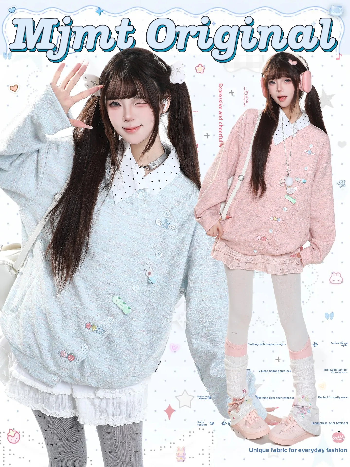 Sweet Cartoon Embroidered Open Cardigan Sweatshirt Women's Autumn Design Color Block Loose Youthful Outerwear Casual Style