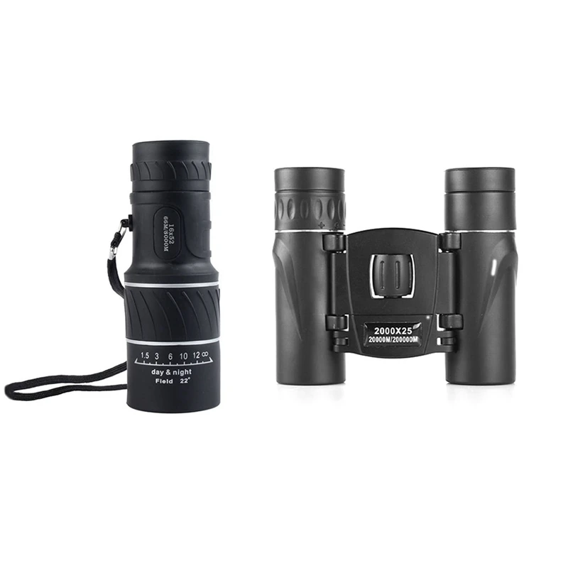 2PCS 2000X25 HD Zoom Portable Binoculars And Single-Tube Telescope 16X52 Long Range BAK4 Telescope Folding For Camping