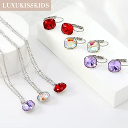 LUXUKISSKIDS Silver Color Stainless Steel Shiny Crystal Jewelry Set Multicolor Cubic Zirconia Square Pnedant Necklace Earrings