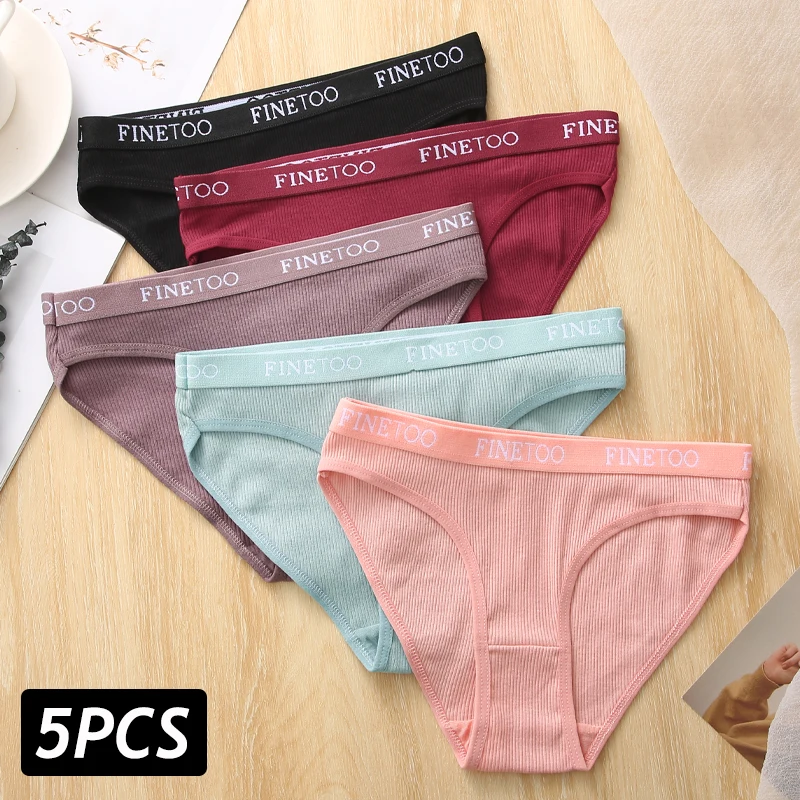 FINETOO 5PCS Women's Cotton Briefs Sexy High Elastic Waist Panties Soft Female Underpants Solid Color Large Size Underwear M-2XL