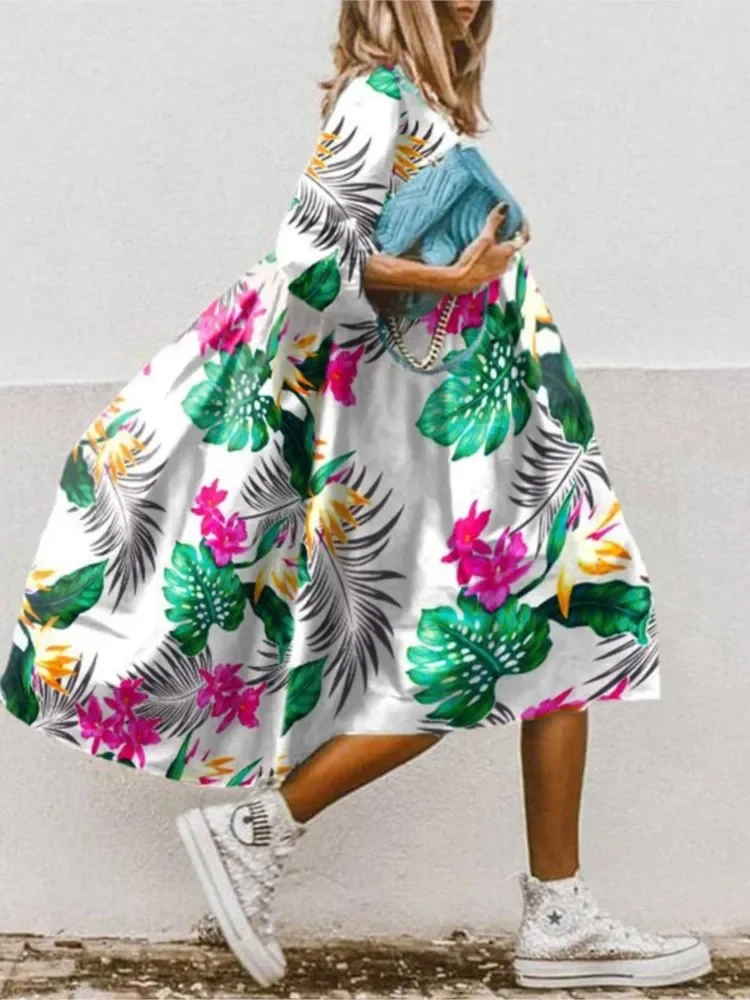 Fashion Boho Floral Print Dress Women O Neck Oversize Loose Midi Dress  Summer Casual Holiday Beach Long Dresses Female