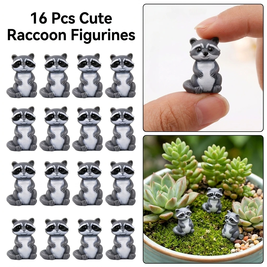 16pcs of Mini Raccoon Dashboard Ornaments- Solid Resin Cute Animal Models,Realistic Raccoon Statues,Suitable for Car Interiors
