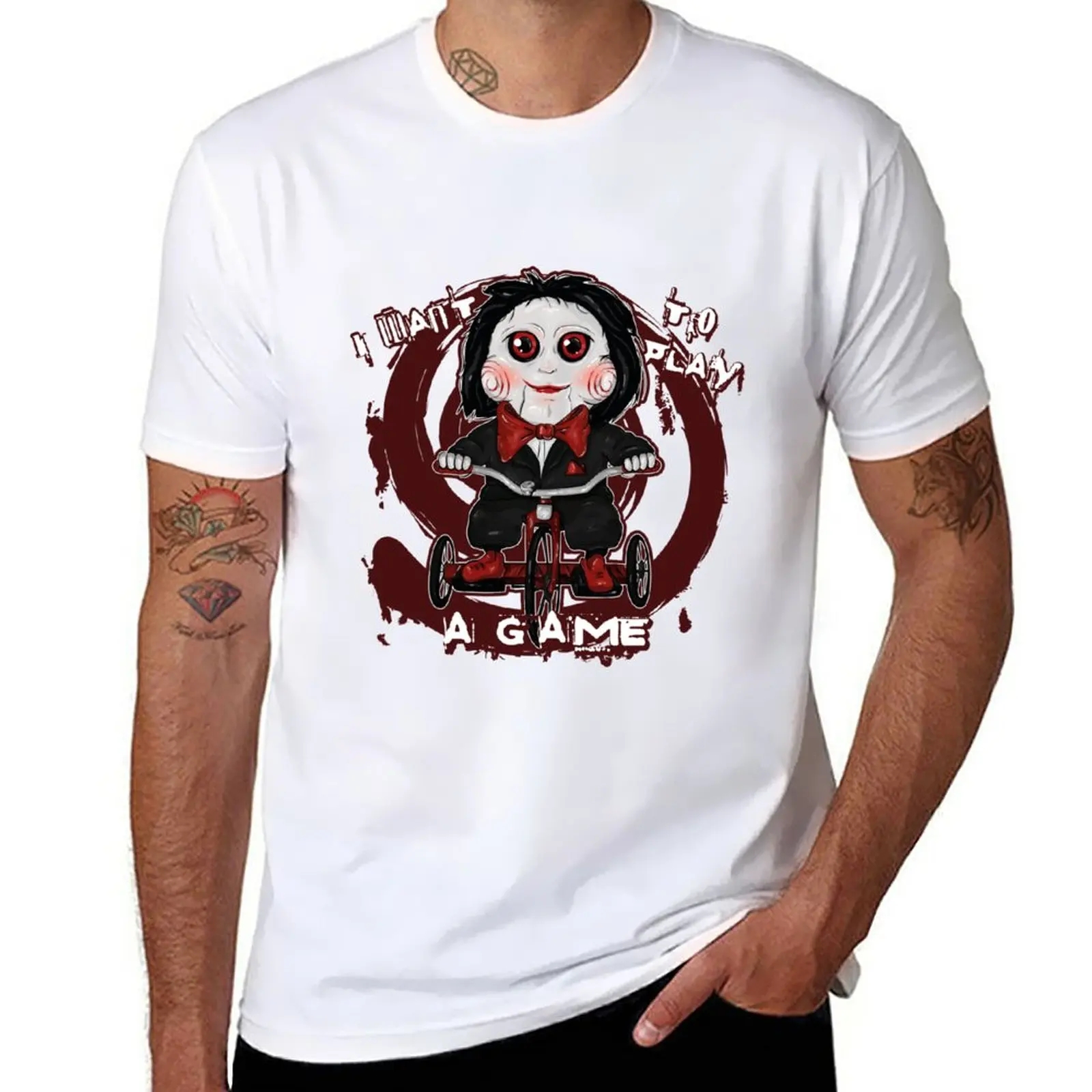 

New Saw doll with Tricycle T-Shirt black t shirt plus size t shirts mens big and tall t shirts