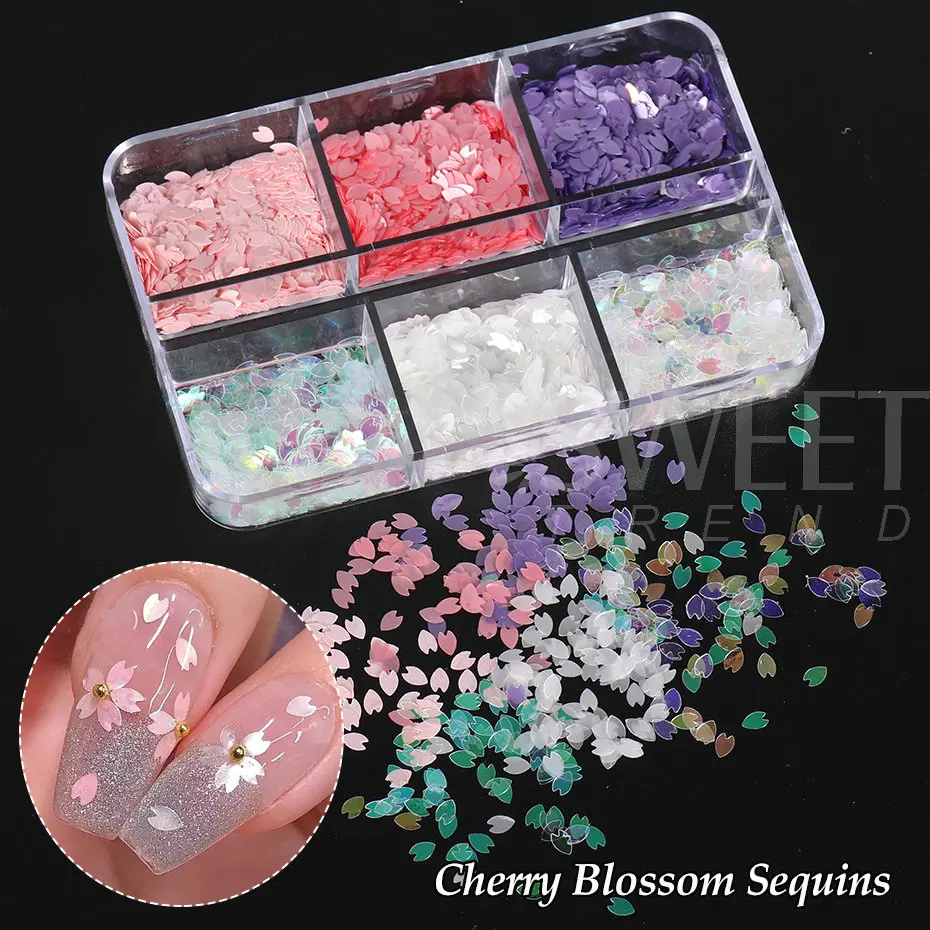 Sakura Flower Petals Nail Sequins White Pink Cherry Blossoms Glitter Flakes DIY Kawaii Manicure Paillette Nail Decoration BES128