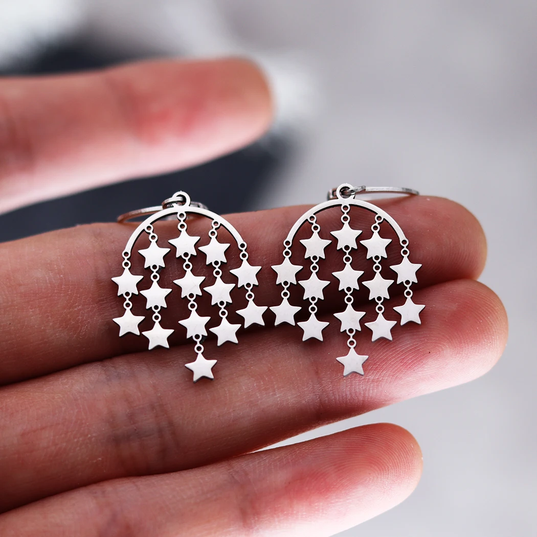 QIAMNI Star Pendant Hoop Earrings Fashion Party Wedding Piercing Jewelry Stainless Steel Dangle Drop Earrings for Women Girls