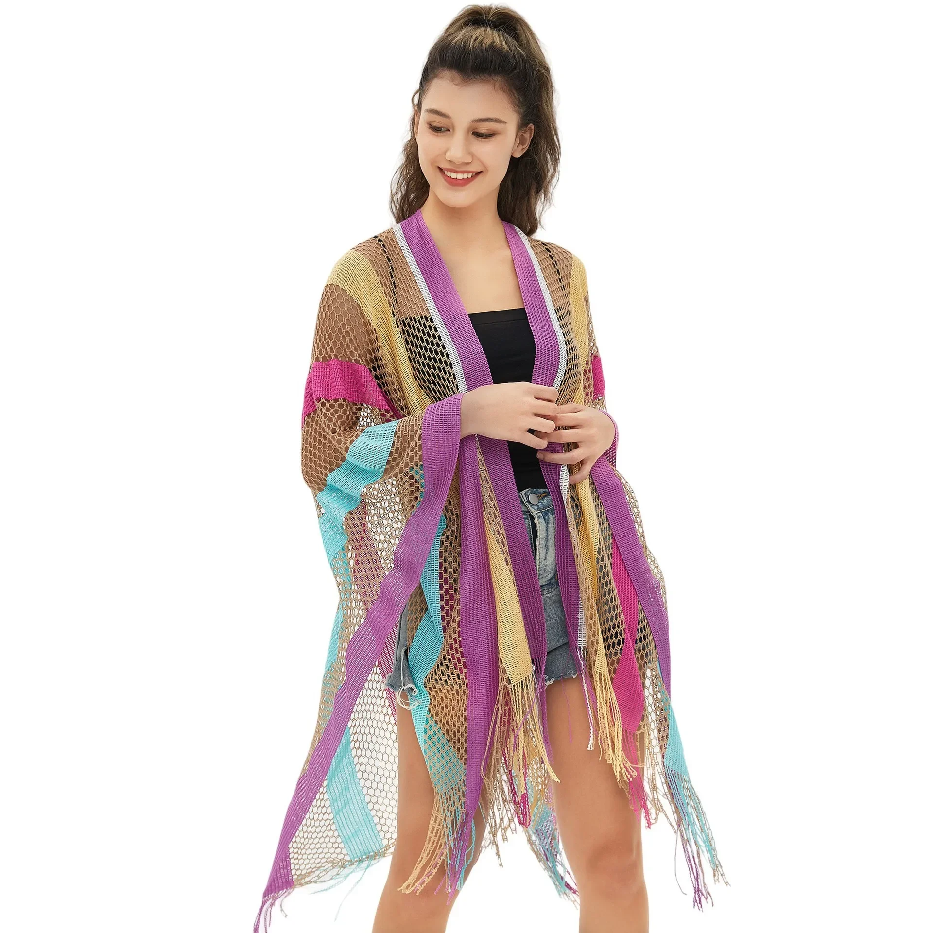 

Cloak Women's Cloaks Tourism Ethnic Style Rainbow Stripes Summer Sunscreen Thin Hollow Shawl Lady Poncho Capes