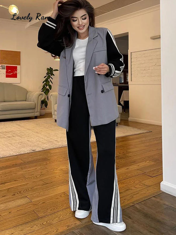 

Loose Patchwork Stripe Pants Set Women Elegant Long Sleeve Double Breasted Coat Elastic Waist Trousers 2024 Autumn Lady Outfit
