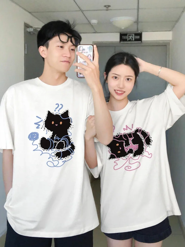 Couple White T-shirt with Cute Carton prints Summer Short Sleeve Love Family Tshirts Dad and Mama Tops Tees Camisetas Mujer 2024