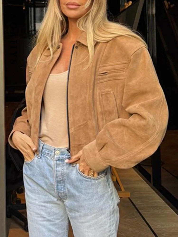 

Autumn Winter Female Outerwear Jackets Women Cropped Coat Zipper Button Turn-Down Colla Solid Jacket Long Sleeve Fashion