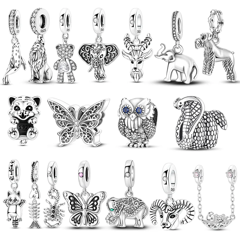 Original 925 Sterling Silver Charms Beads Tiger Butterfly Fish Bear Elephant Sheep Dangle Fit Women Original Bangle Bracelet