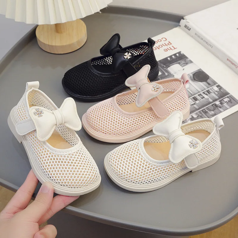 Children Hollow Out Sandals Sweet Bowknot Princess Girls Shoes Breatheable Mesh Kids Shoes Soft Bottom Non-slip Beach Sandals