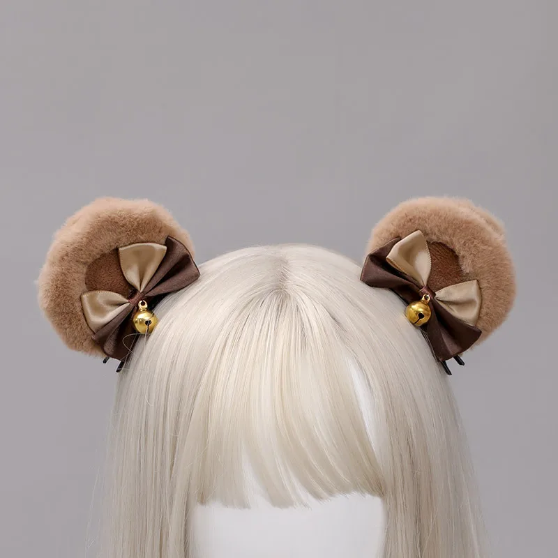 1pair Sweet Double Bowknot Bell Plush Animal Hairpins Faux Fur Round Bear Ears Hair Clip Lovely Lolita Cosplay Headwear Barrette