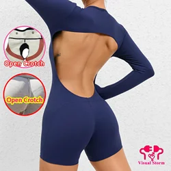 Sexy Woman Back Hollow Out Open Crotch Leggings Bodyshaper with Hidden Zipper Crotchless Full Body Lingerie Panties for Couple