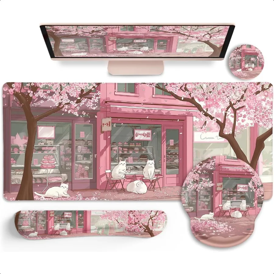 

Anime Cat Mouse Pad Set XXL Gaming Mouse Pad with Wrist Rest Keyboard Mat Cat Coaster Cute Office Desk Decor Accories Pink Lycr