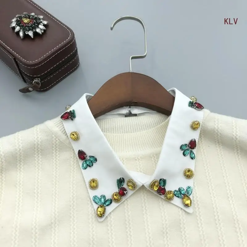 

Rhinestones Collar Girls Jeweled Clothes Accessiory Women Collar Ancient Art Colorful Lapel Shawl Collar Lapel