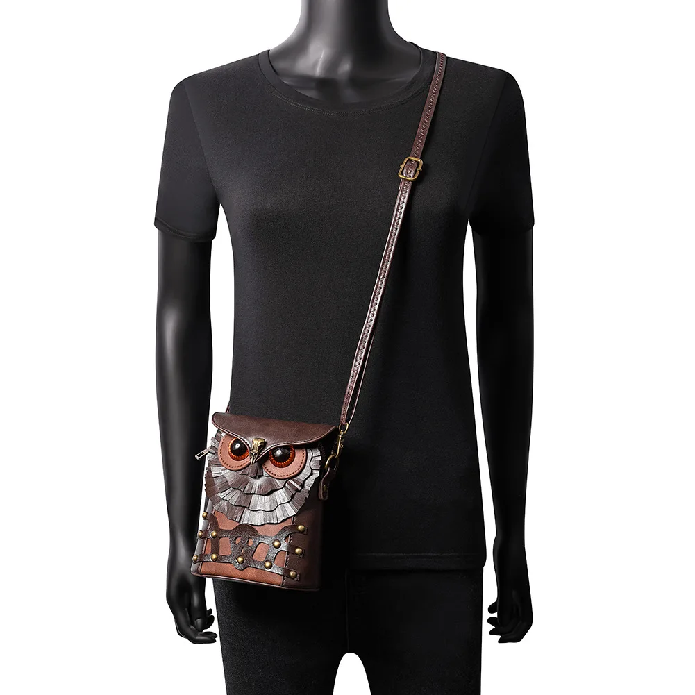 Medieval Color Block Rivet PU Leather Lady Single Shoulder Bag Medieval Steampunk Owl Mini Crossbody Bag