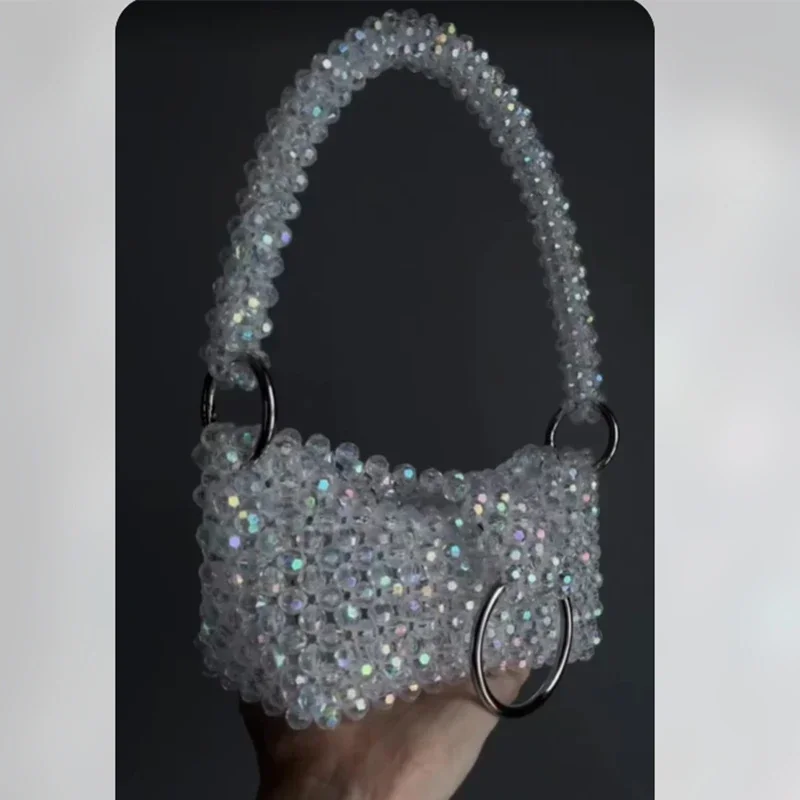 Customized Fashion DIY Handmade Crystal Shoulder Handbags for Women Ins High Quality Transparent Shiny Beaded Woven Women's Bag