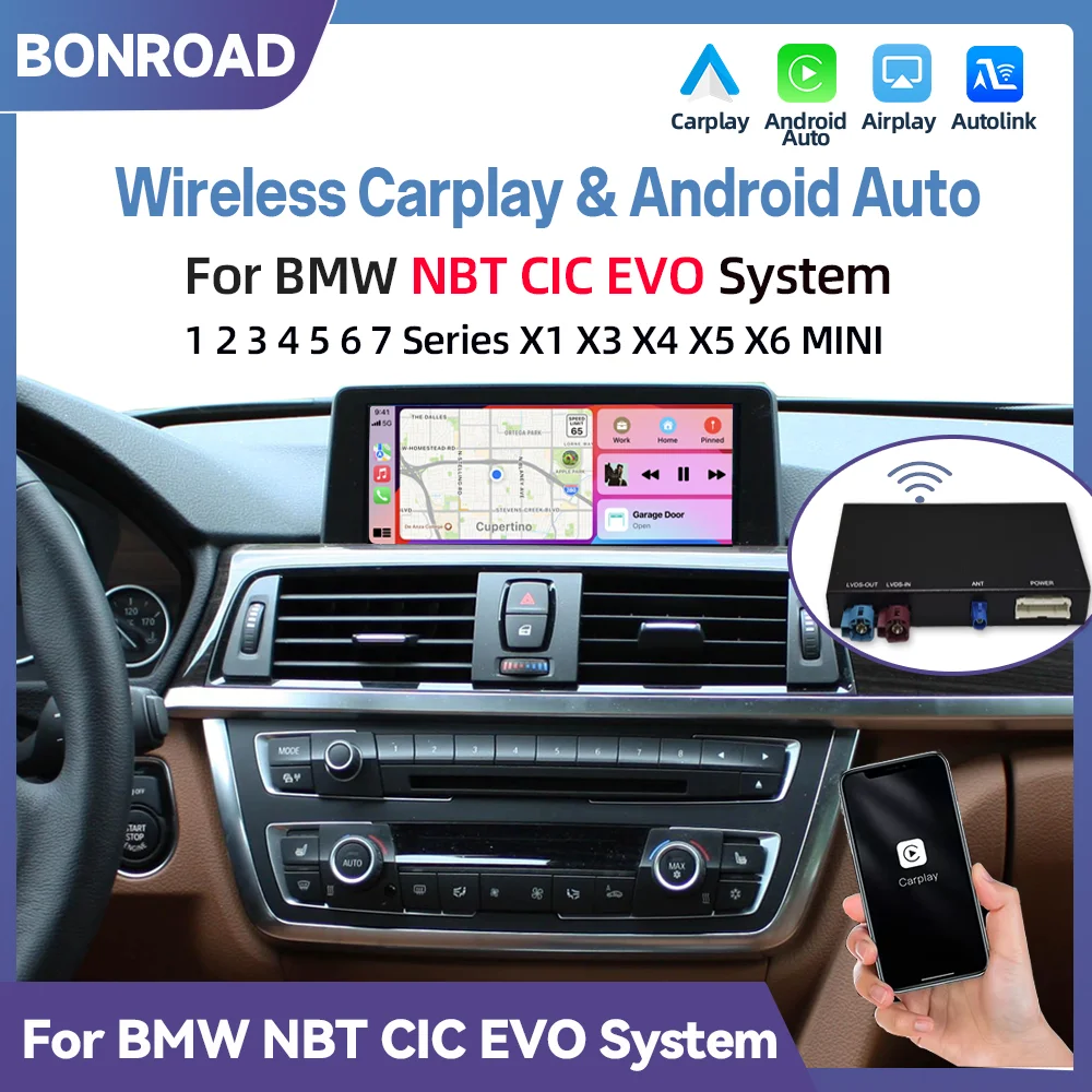 BONROAD Bezprzewodowy CarPlay Android Auto do BMW NBT CIC EVO 1 2 3 4 5 6 7 Serii X1 X3 X4 X5 X6 MINI F56 F15 F16 F25 F26 F48 F49 F10 F11 F22 F20 F30 F31 F32 F36 E84 E70 E71 E72 E60 E61 E62 E90 E91