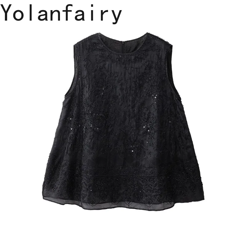 YOLANFAIRY 100% Mulberry Silk Tank Tops Woman Fashion Organza Silk Sleeveless Vest Beaded Embroidered Elegant Women's Tanks Top