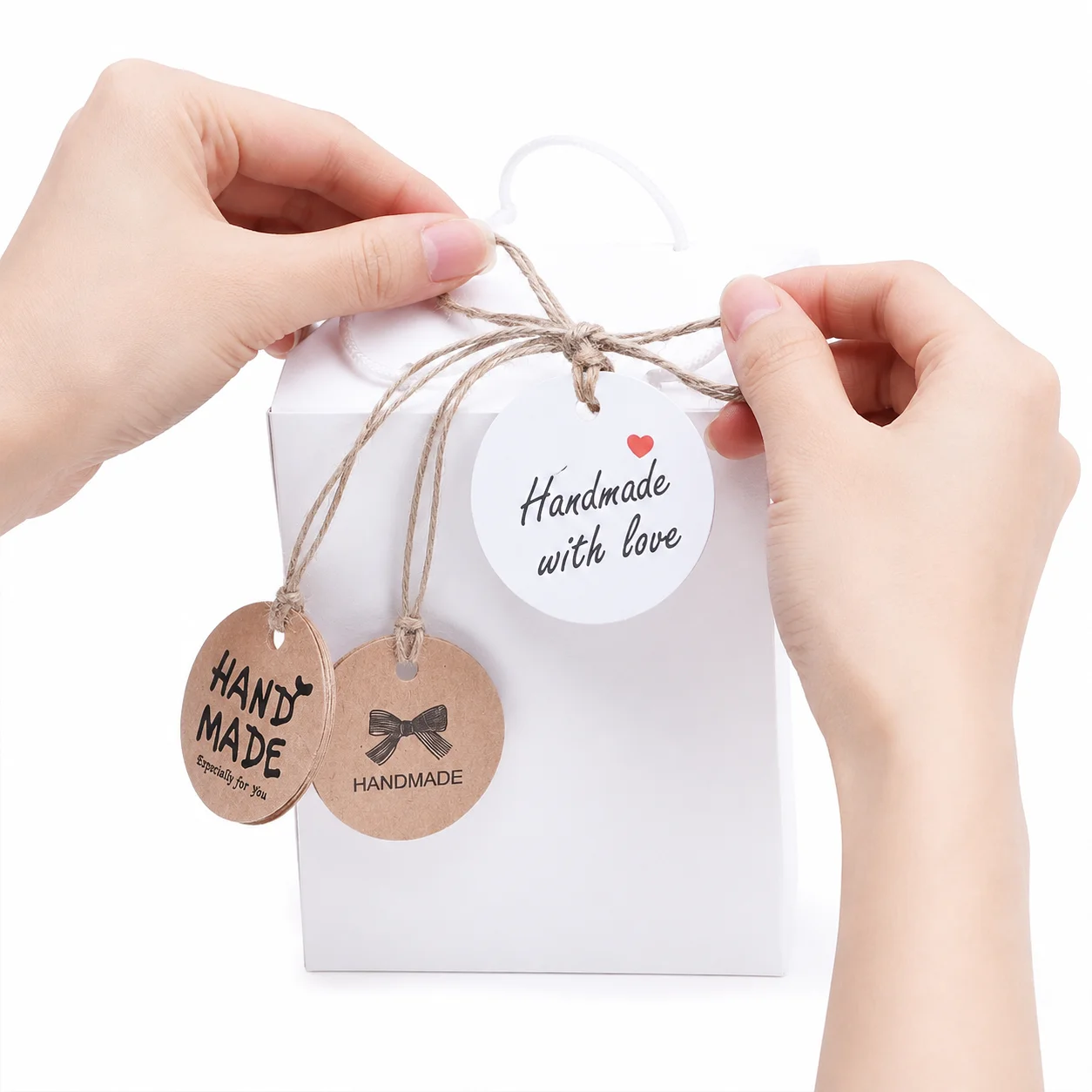 100 Stück Vintage Runde Papier-Geschenk-Etiketten, Blanko-Dankeschön-Etiketten und handgemachte Etiketten auf der Rückseite für Kleinunternehmen-Verpackungen mit Schnur – Detail 5
