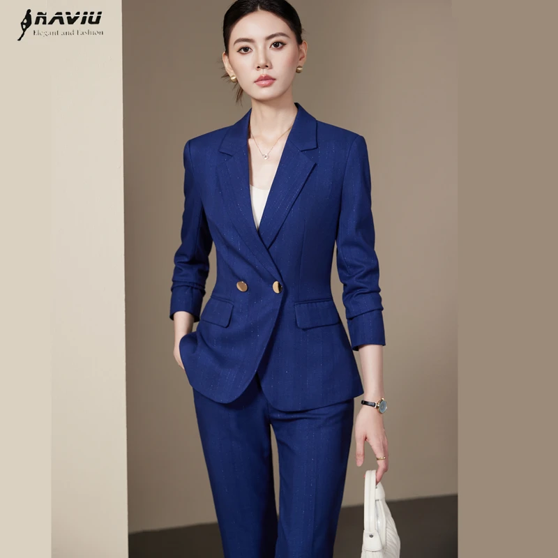 

NAVIU Новый высококачественный весенний деловой женский костюм, модный пиджак с длинными рукавами, пальто и брюки, офисная одежда, комплект из двух предметов