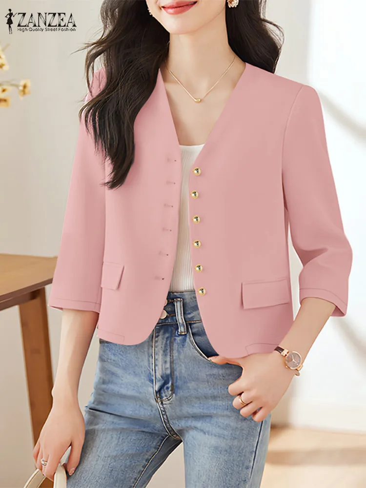 سترة نسائية أنيقة للخريف من ZANZEA خفيفة الوزن غير رسمية برقبة على شكل حرف v وأكمام ثلاثة أرباع وسترات مناسبة للتنقل ملابس مكتبية