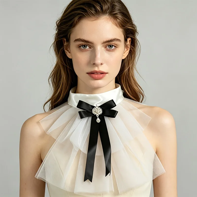 Elegant Women Tullet Detachable Collar with Layered Bowknot Pre Tied Satin Lace Faux Collar For Formal Event