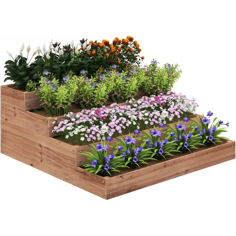 Macetero de madera elevado de 4 niveles para exteriores, grande, con diseño de escalera, jardín urbano para cultivo de plantas, flores, Patio