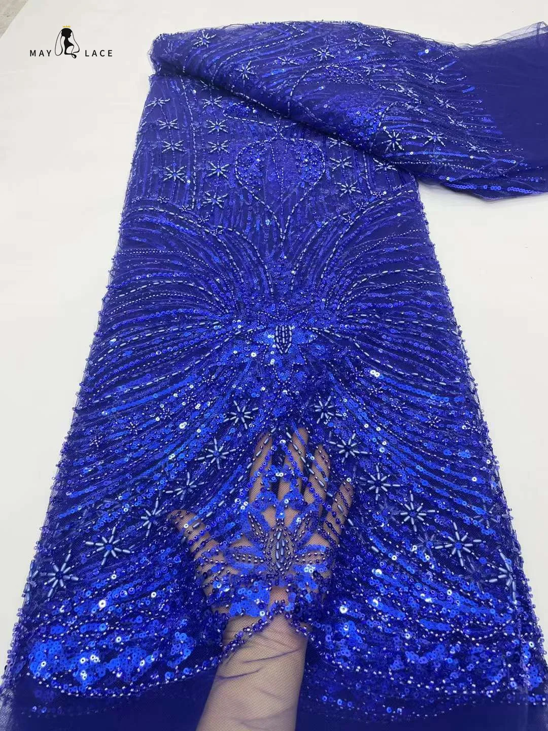 

May Lace Royal Blue African Tulle Lace Fabric 2024 High Quality Lace Nigerian Beads Lace Fabric Sequins for Wedding Party Dress