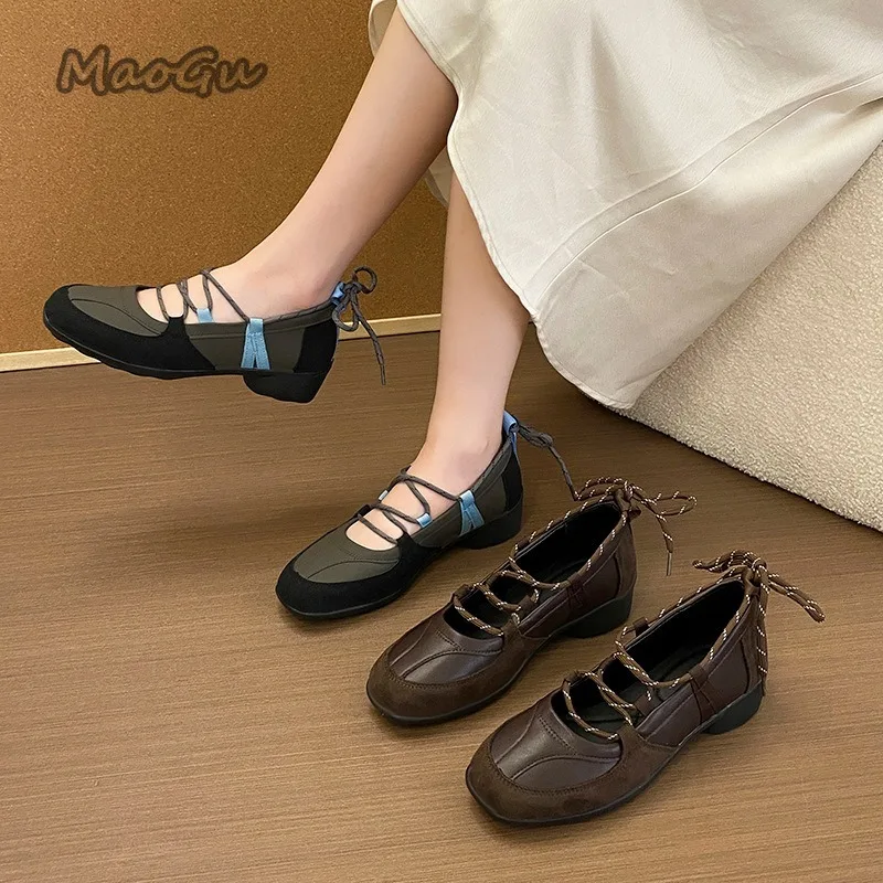 

Женские балетки в французском стиле, увеличивающие рост, новые женские туфли Мэри Джейн на шнуровке, весенне-осенние элегантные шикарные туфли-лодочки на среднем каблуке