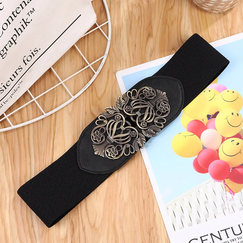 Elegant Metal Buckle Elastic Black Belt For Women Wide Waistband For Dress Coats Girdles Leisure Fashionable Waistband Belt