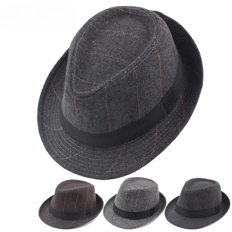 Sombrero de boda de lana para hombres de mediana edad, sombrero Fedora de Jazz de diseño de lujo a cuadros, moda de fiesta de otoño e invierno,