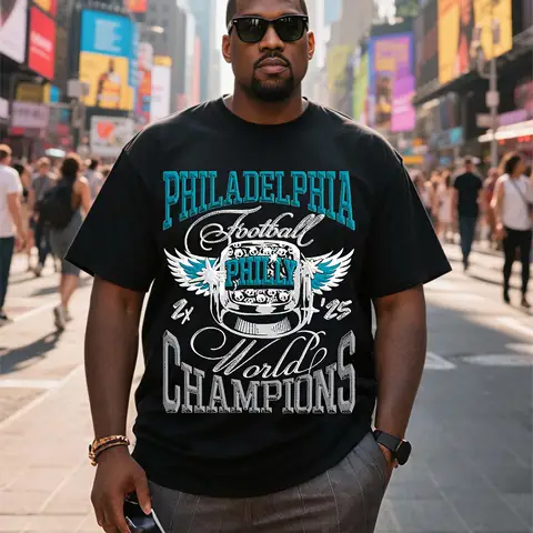 Plus Size Black Philadelphia Football World Champions Graphic Men's T-Shirt Suitable for Outdoor Leisure Wear in Summer