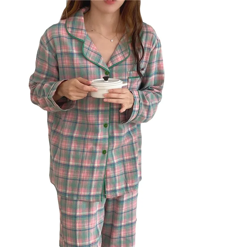 Women\'s Pajama Set Spring Summer 2 Piece Plaid Pyjama Pocket Buttons Down Sleepwear Long Sleeve Pijama Mujer Pjs Homewear