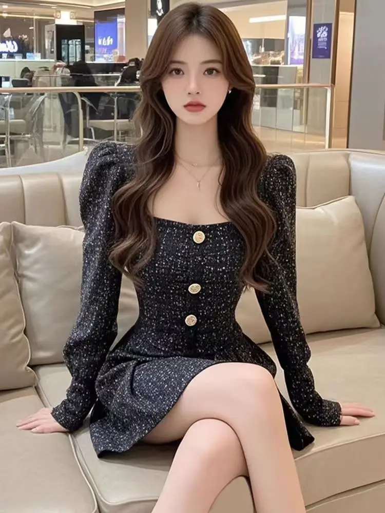 Black Square Neck Dress Women\'s New Style Light Luxury Waist Cinching Slimming A-line Short Skirt