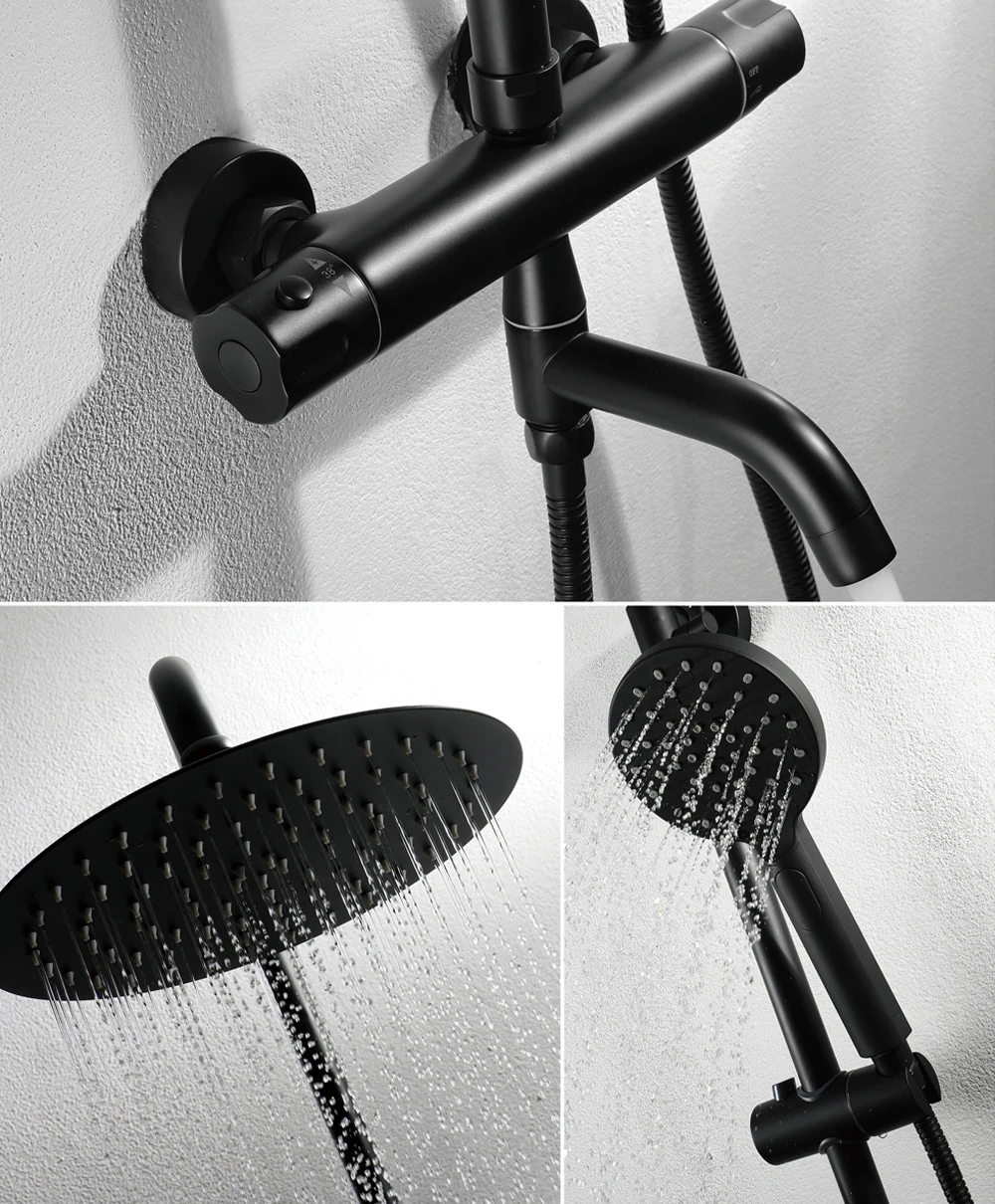 10 Year Warranty Modern Luxury 3-Mode Rainfall Rain Thermostatic Valve Shower System Matte Black Brass Bathroom Shower Set