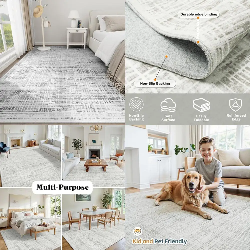 

Моющийся противоскользящий ковер 8x10 футов: Современный абстрактный ковер для гостиной, спальни и домашнего офиса (белый с серым)