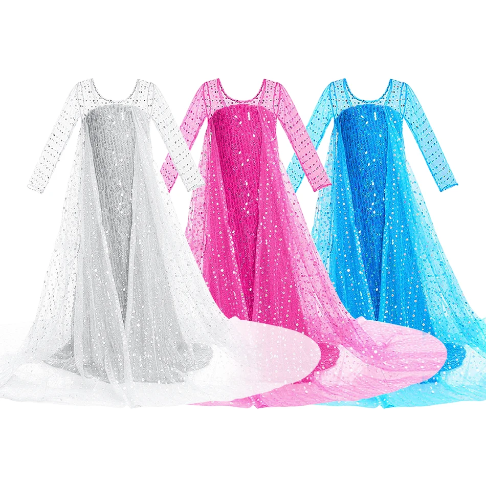 Kids Princess Cosplay Dress Up Elsa Birthday Gown Little Girls Carnival Multiple Style Long Sleeve Polka Dot Sequined Clothing